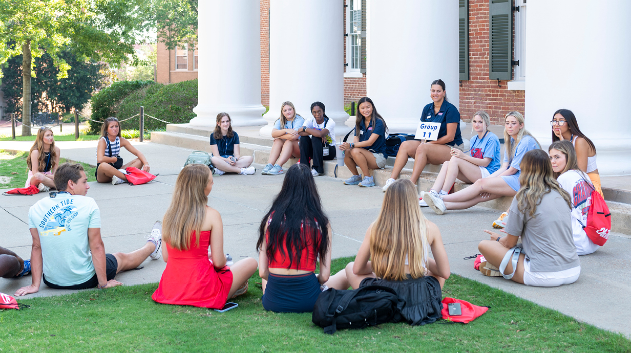 An Ole Miss orientation group meets outside the Lyceum.
