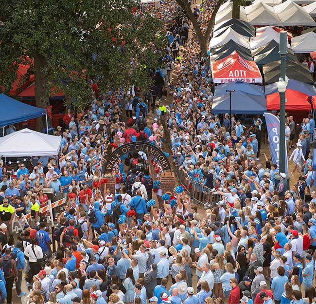 Ole Miss fans pack the Grove and the Walk of Champions before a Saturday home football game.