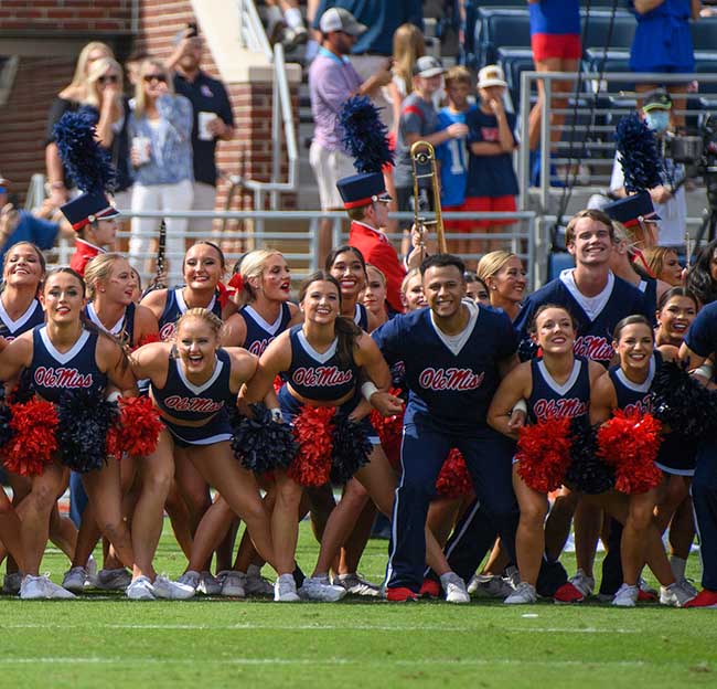 The Ole Miss Cheerleaders Lock the Vaught before the Rebels take the field before a home football game in Vaught Hemingway Stadium.
