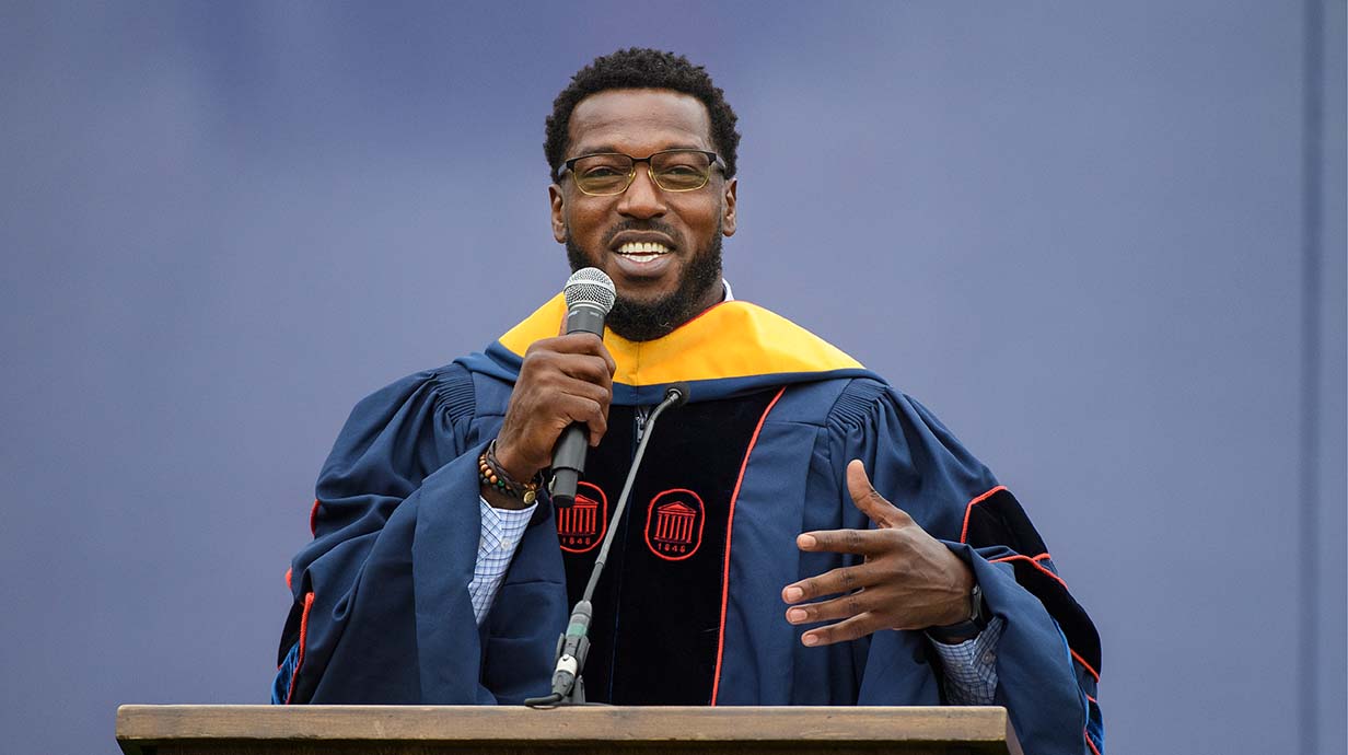 Former Football player Patrick Willis gives a commencement speech to future graduates.