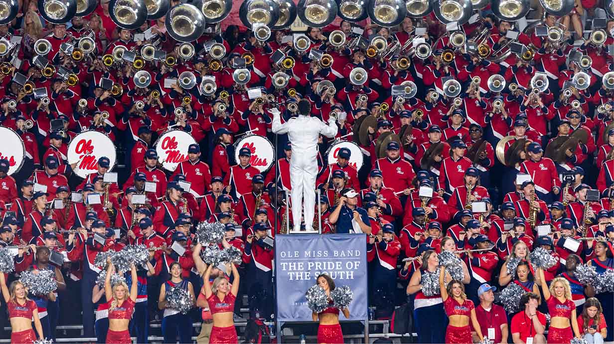 The ole miss band plays before a football game