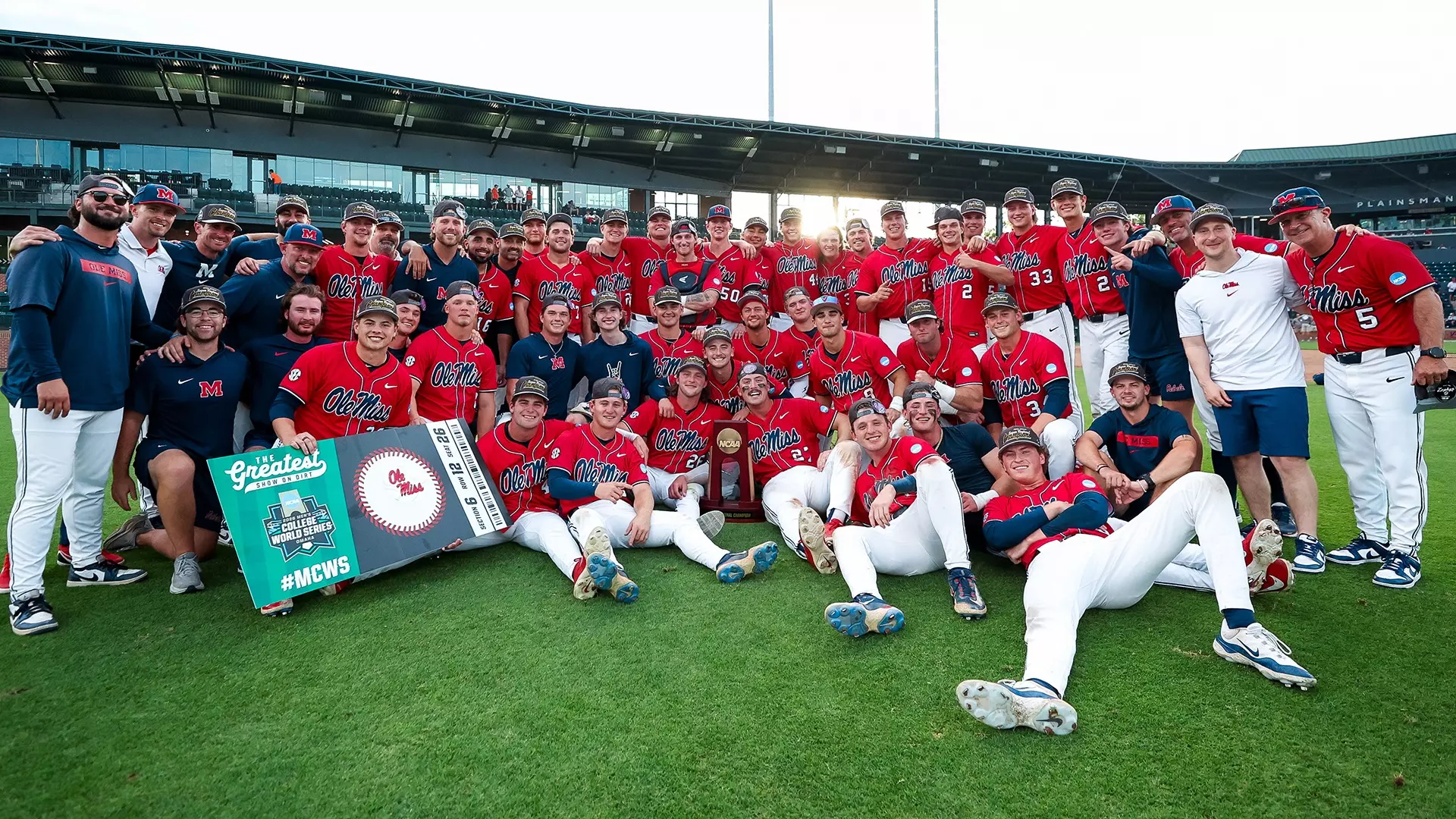 The Ole Miss team celebrates winning the baseball regional in Auburn Alabama