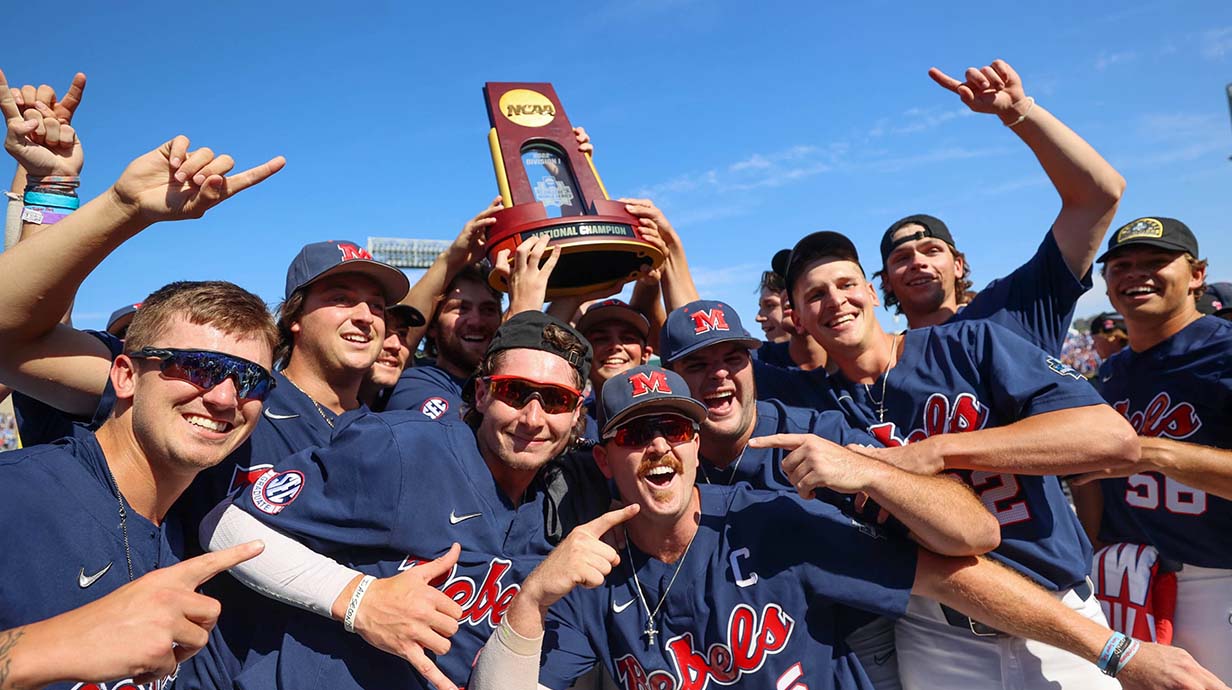 The Ole Miss Baseball Team celebrates winning the 2022 NCAA College World Series
