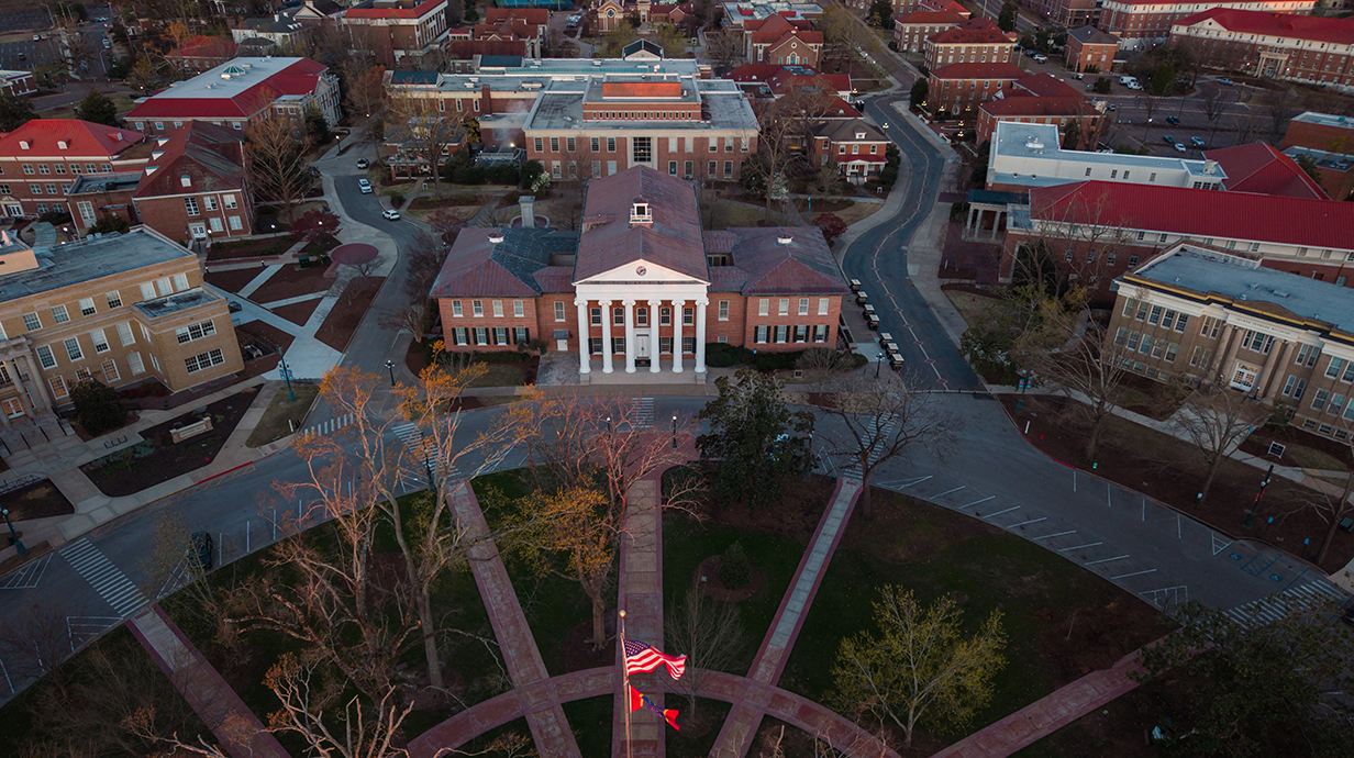 drone shot of Ole Miss campus