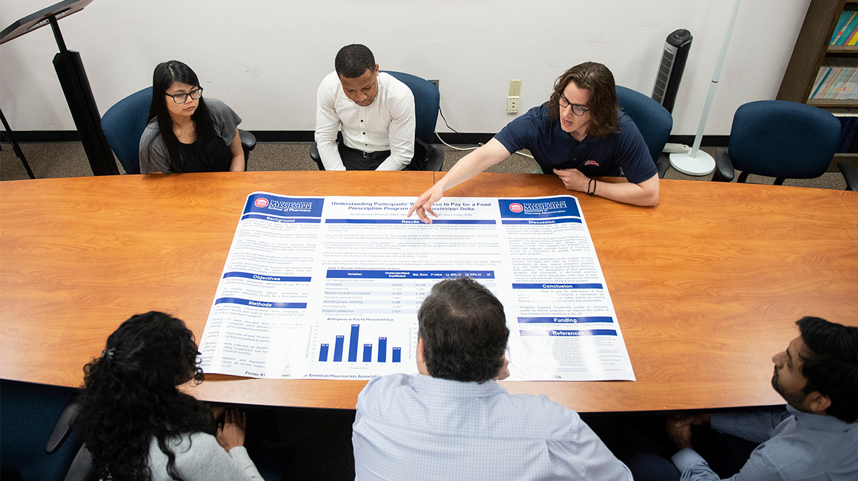 Six Ole Miss Pharmacy Administration graduate students sitting at a table while discussing their research.