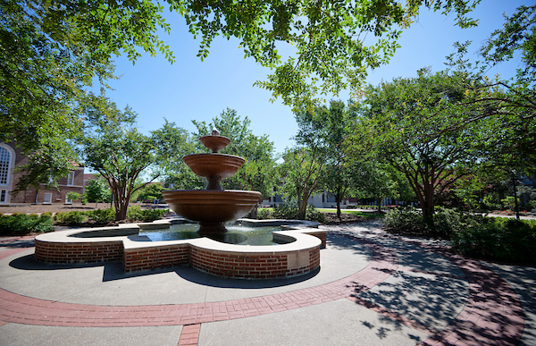 A picture of the fountain in front of Bondurant Hall. 