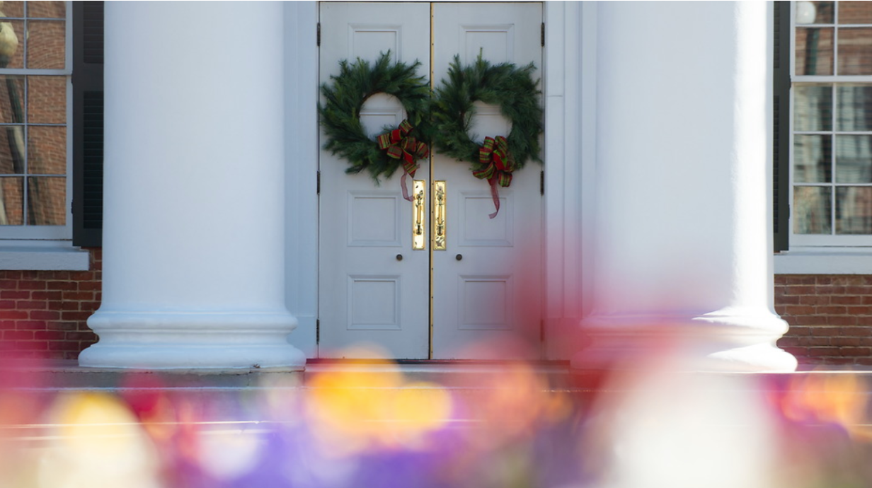 Photo of holiday wreaths on the Lyceum at the University of Mississippi.