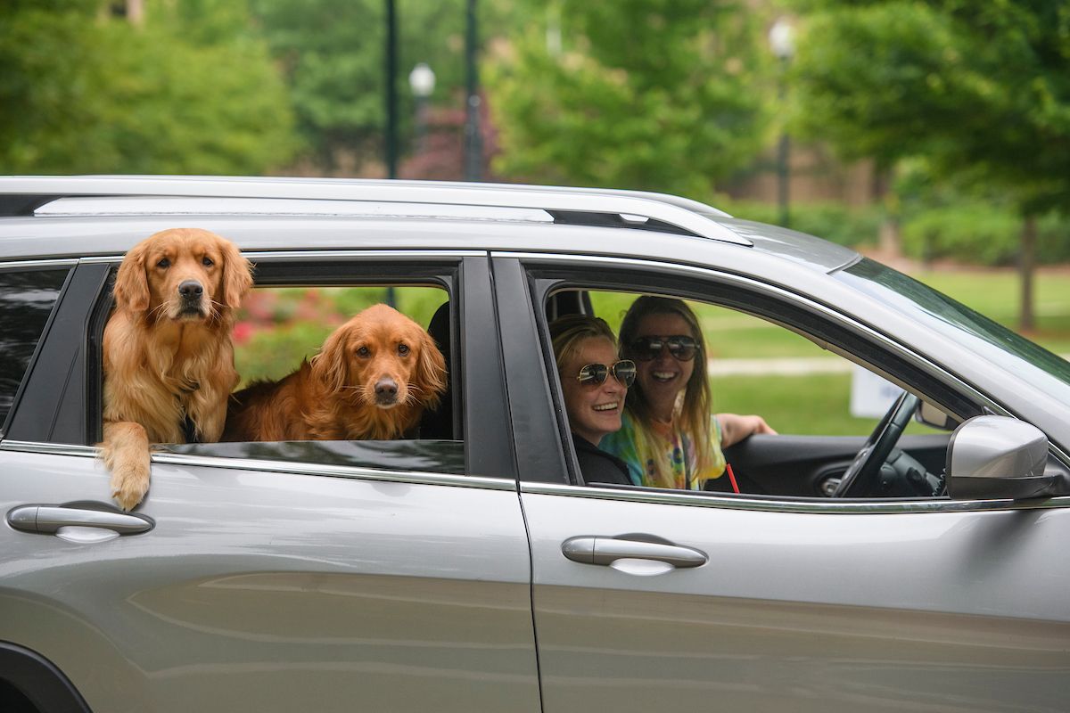 Two students in the front of a car