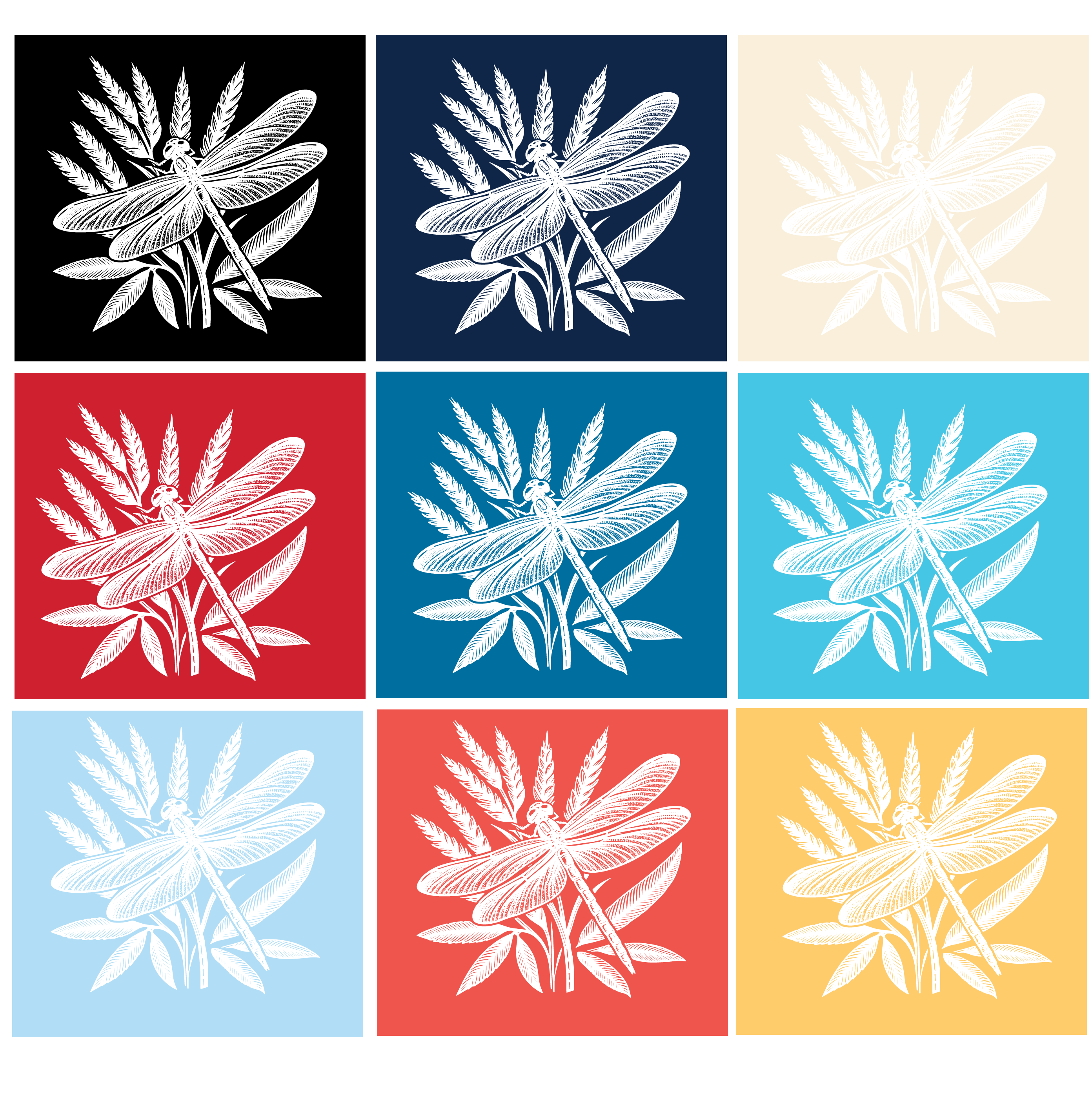 Digital dragonfly art repeated in a 9-block grid with each block being either black, a shade of blue, red, or yellow.