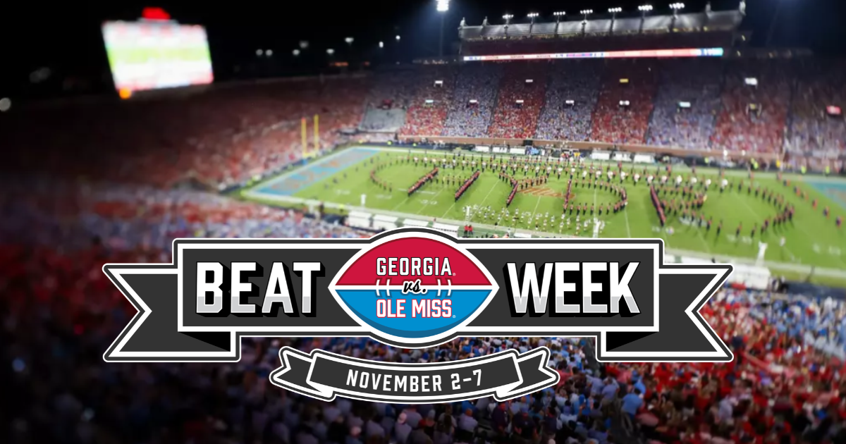 The Beat Week logo superimposed over a photo of a full Vaught Hemingway Stadium. The logo says “Beat Week, Georgia vs Ole Miss, November 2-7”