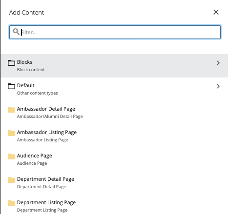 Creating page, add content sidebar navigation window.