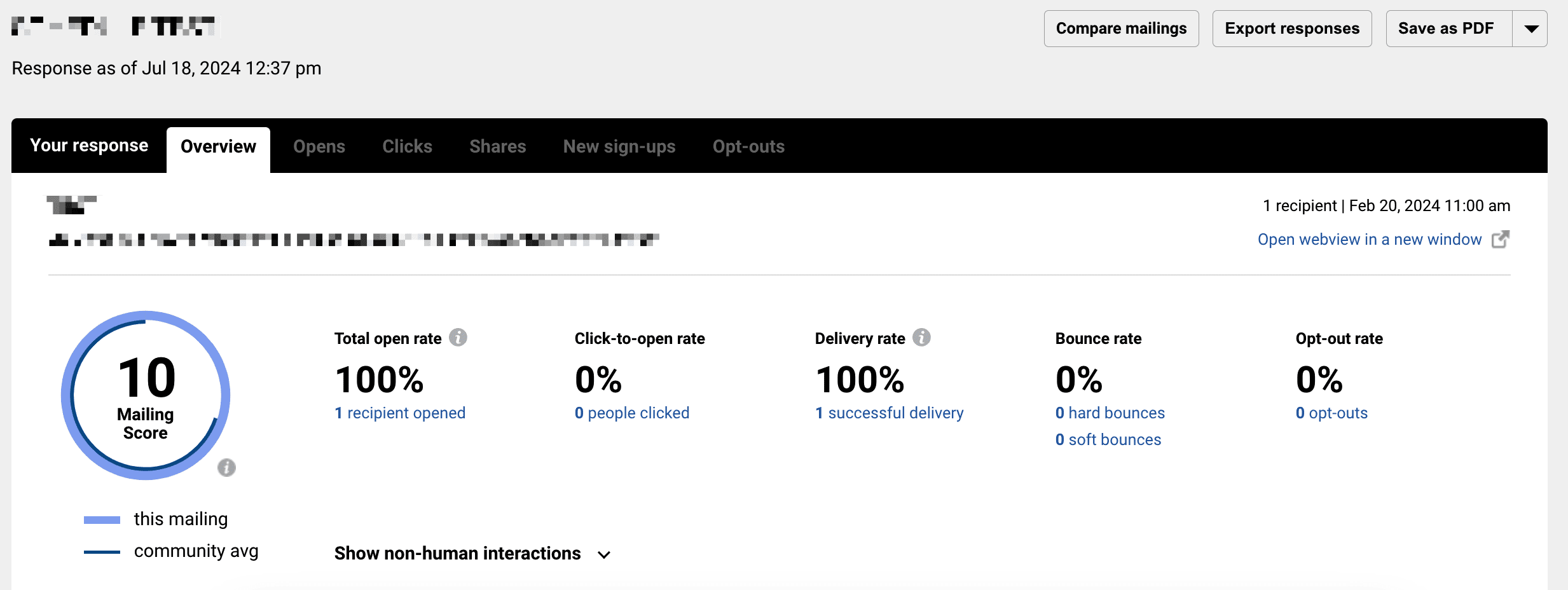 screenshot of Emma interface showing metrics within the response overview