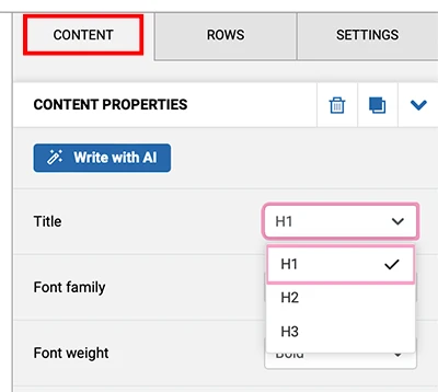 screenshot of Emma interface displaying where to find H1, H2, and H3 semantic structure