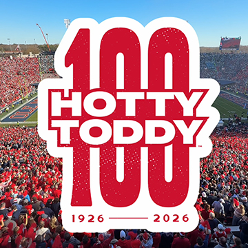 100 years of Hotty Toddy: Large red “100” with “HOTTY TODDY” overlaid, celebrating 100 years from 1926–2026, with a packed Ole Miss football stadium in the background.