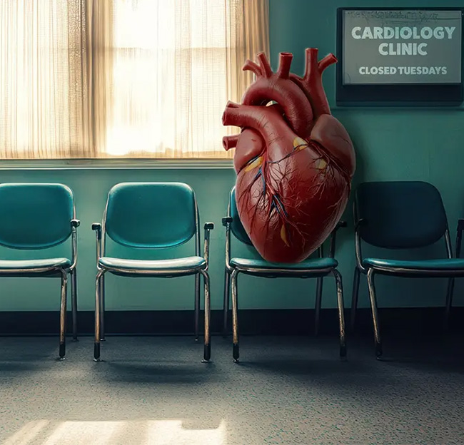 A graphic showing a human heart in a cardiologist office.