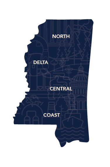Map of Mississippi with North, Delta, Central and Coast labels