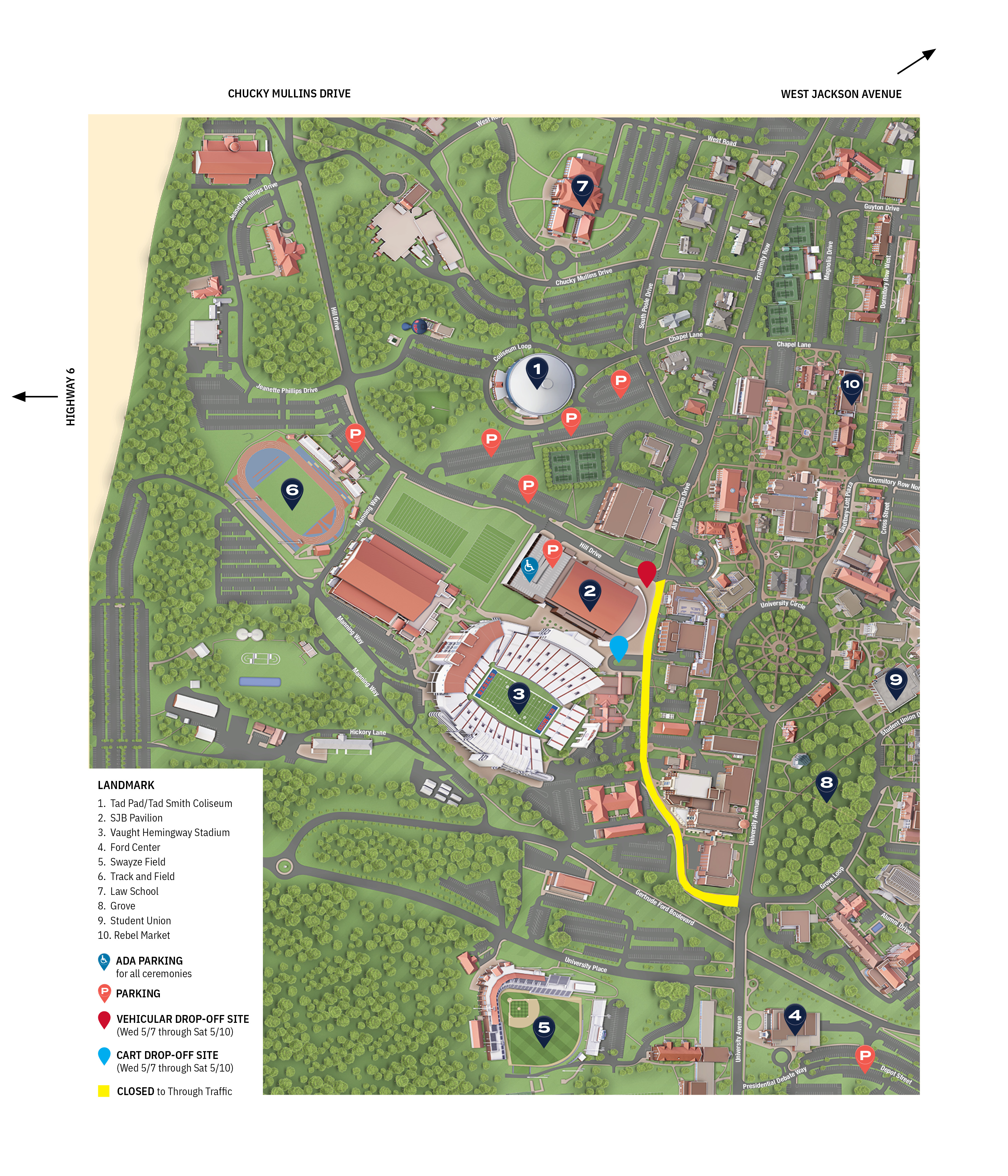 Parking map for ADA parking for the Ole Miss 2025 Commencement Ceremony