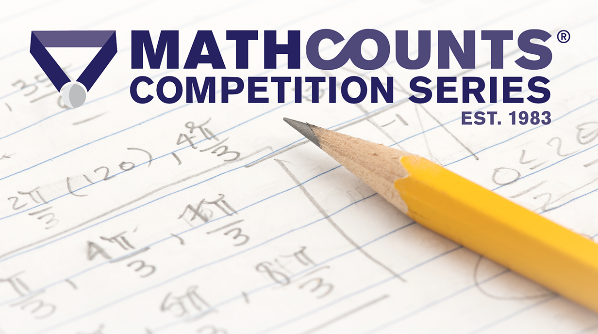 Logo for MATHCOUNTS Competition Series, established in 1983. A pencil rests on graph paper with math equations.