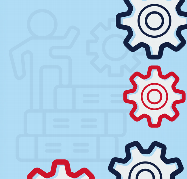 Illustration of an outlined figure raising a hand beside two large gears. 