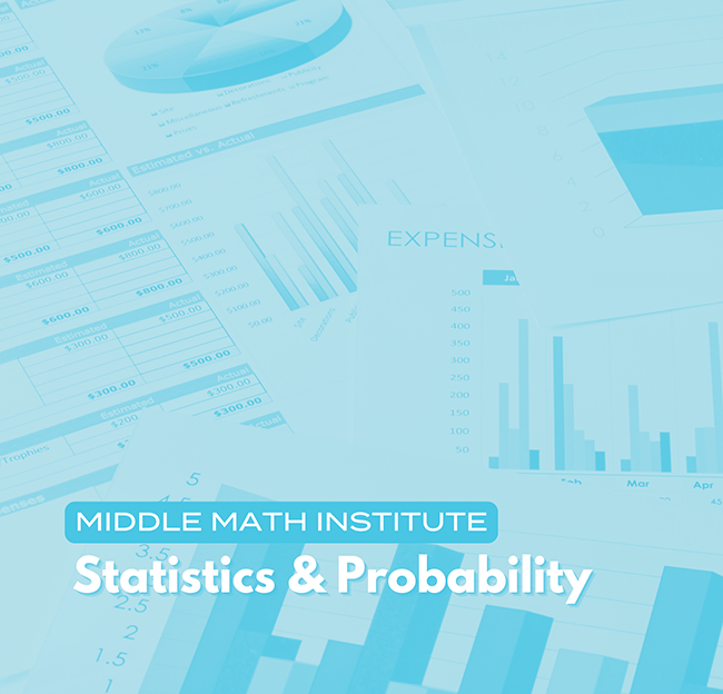 Overlay text reading "Middle Math Institute, Statistics & Probability" on a background of charts and graphs.