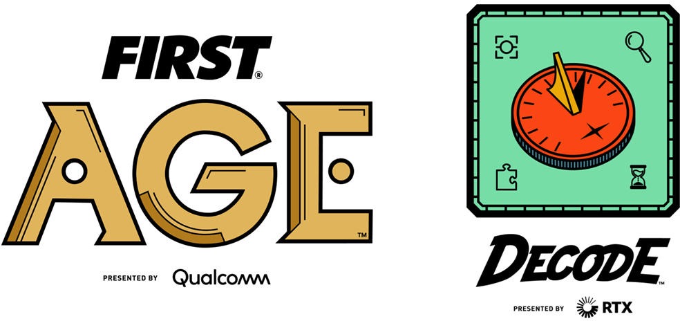 Full Season logo - FIRST AGE presented by Qualcomm; FTC game logo - DECODE presented by RTX