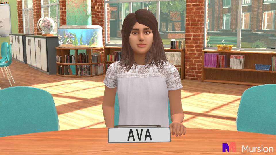 An avatar of a young female student with brown hair, brown eyes, and a white blouse.