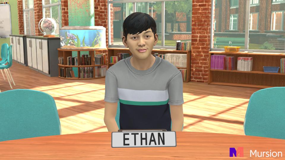 An avatar of a young male student with black hair, black eyes, and a grey striped shirt.