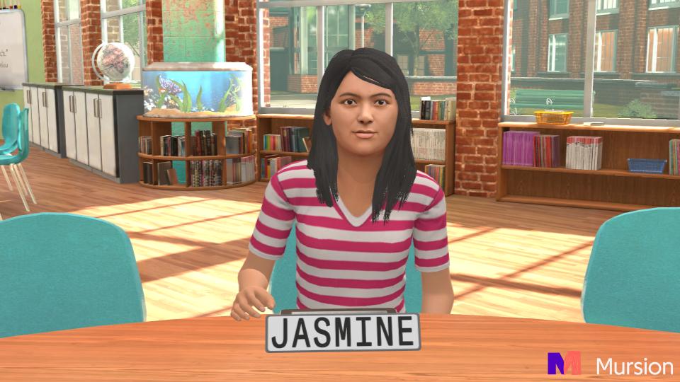 An avatar of a young female student with black hair, brown eyes, and a pink and white striped shirt.