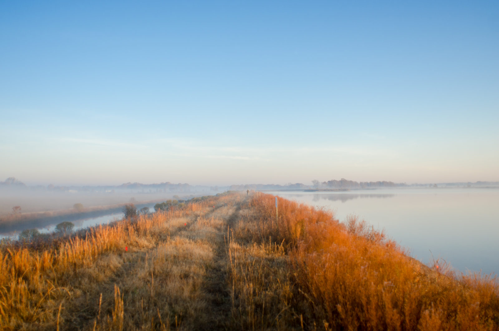 Early morning view of a narrow embankment surrounded by misty water bodies and wetlands, showcasing a natural environment used in hydroscience research
