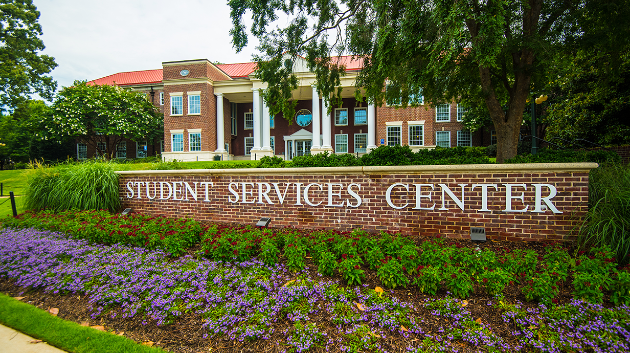 The Student Services Center sign is shown outside the Martindale-Cole Student Services Center.