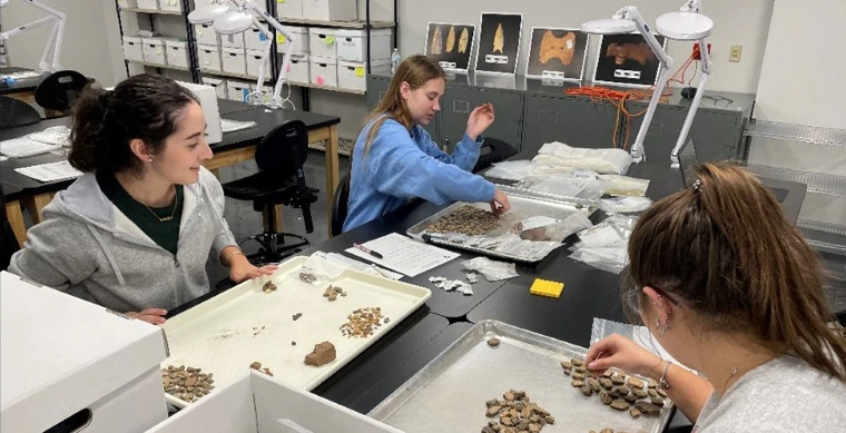 students sitting and working in lab with stone fragments