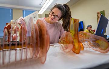 Female student studying in a biology lab with materials in front of her.