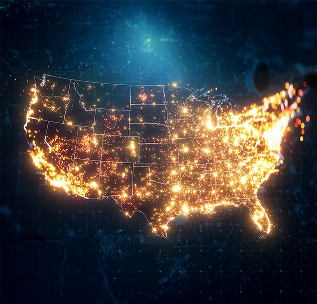 aerial view of the united states lit up at night