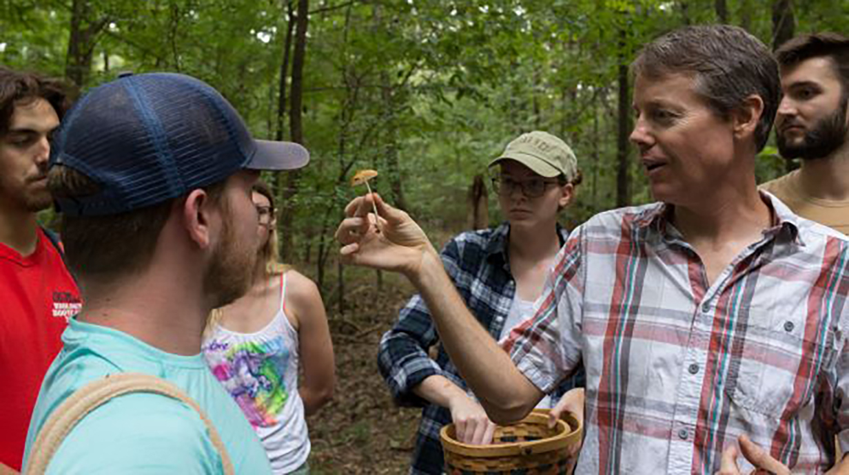 male professor holding up a mushroom in a forrest while students examine in