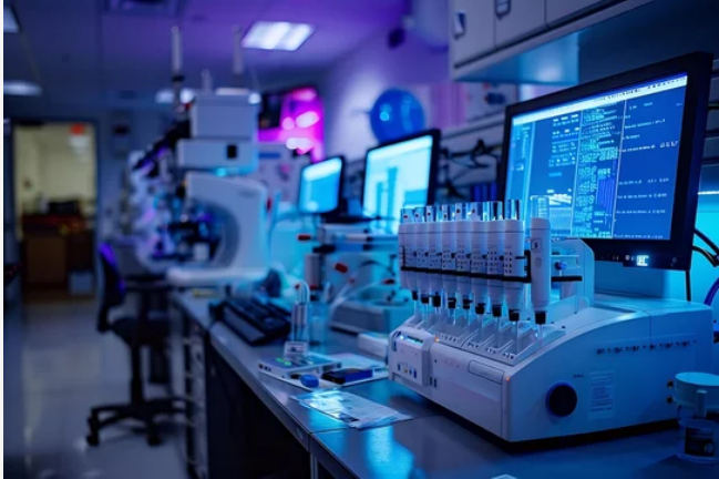 Lab with lots of computers and lab equipment. Light in lab makes everything blue.