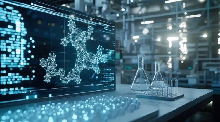 lap top computer open with chemical model on screen. Lab and lab equipment in background