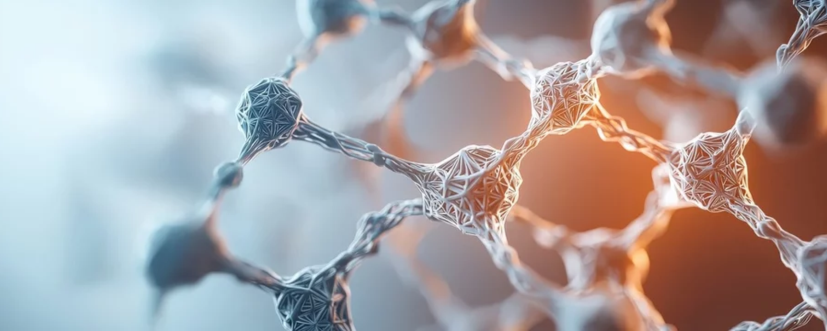 Three dimensional representation of a nanomaterial; webbed balls attached to each other with lengths of webbing.