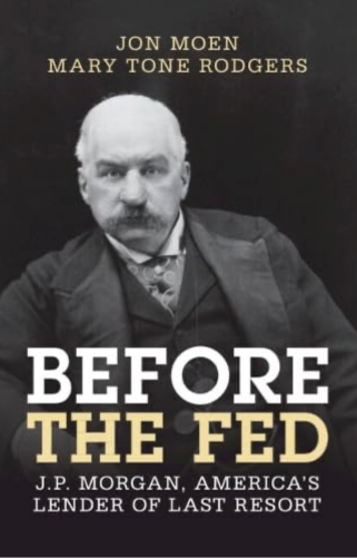 Cover of Moen's book showing a picture of J.P. Morgan