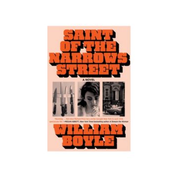 Gritty book cover with orange and black duotone of photos of knives, persons face and exterior of building. 