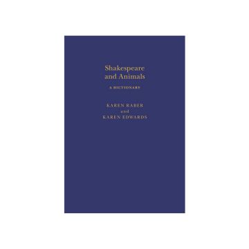 book cover, "Shakespeare and Animals: A Dictionary." gold book title on purple-blue background