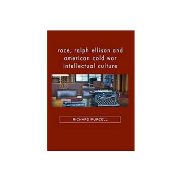 book cover, "Race, Ralph Ellison and American Cold War Intellectual Culture." Office with typewriter, hardbound books, leather chair, lamp, and desk