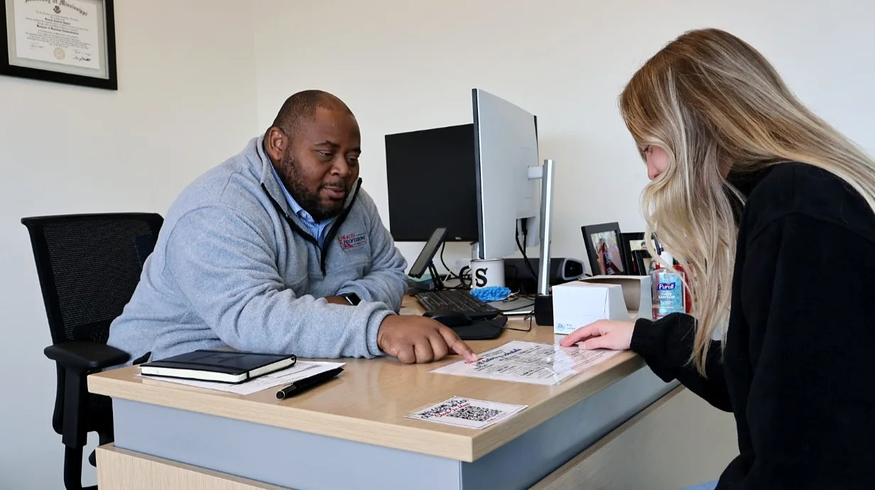 advisor and student seated across a desk looking at a paper on the desk in front of the student