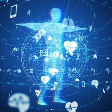 illustration of a human figure suspended in a blue field with symbols of health care swirling around the figure