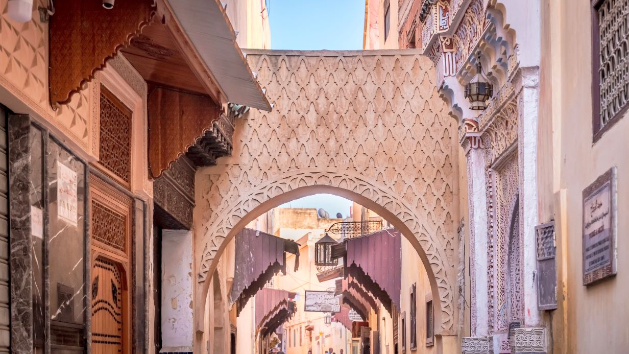 street view of Menkes, Morocco with interesting architecture 