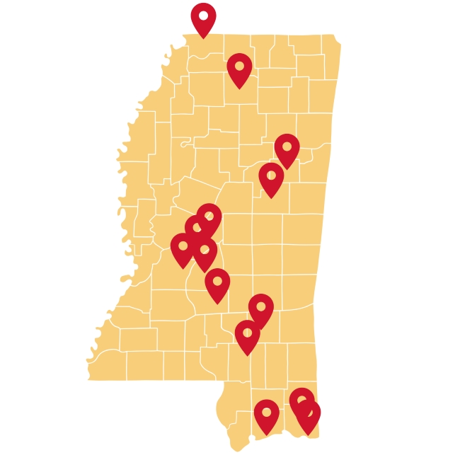 map of Mississippi with pins that indicate the home towns