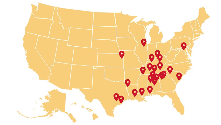 US map with pins on student home towns