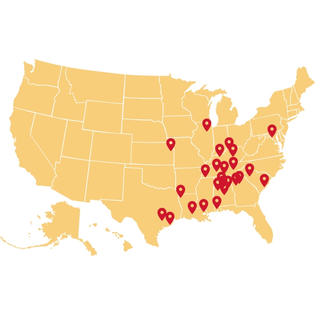 map of he US with pins to indicate the home towns of students