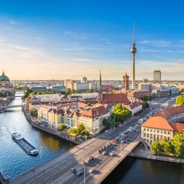 aerial view of Berlin skyline with river and historic buildings