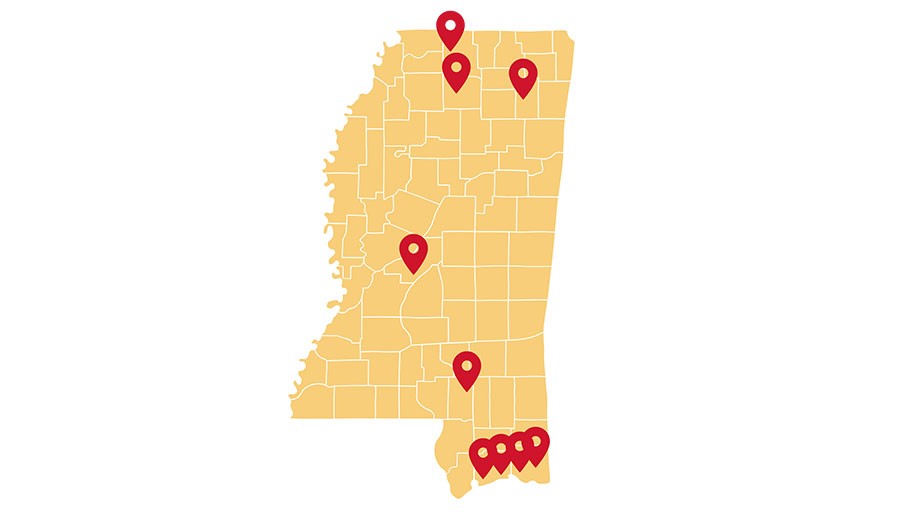 Mississippi map with pins to show hometowns of students in the Chinese Language Flagship program.