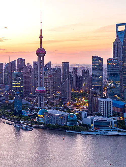 aerial photo of Shanghai at sunset